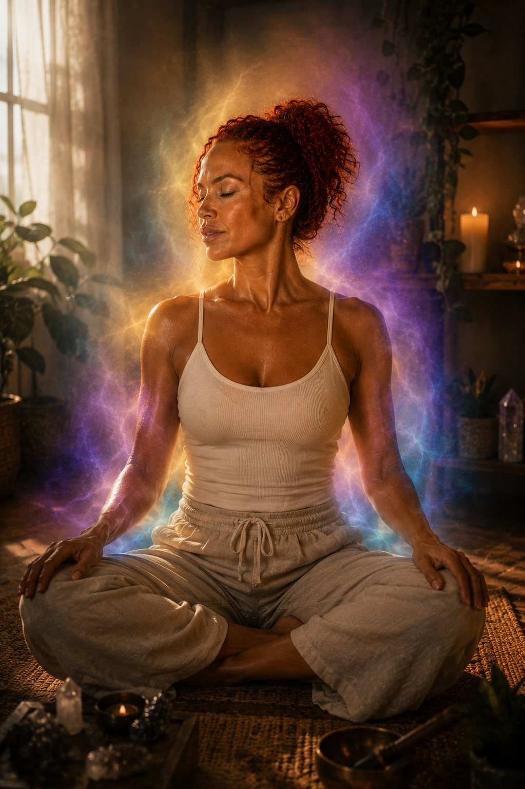 Angelica’s AI-created avatar meditating within restrained gold, violet and blue light