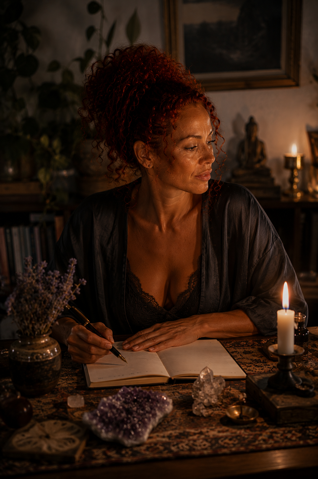 Angelica’s AI-created avatar writing in a notebook at a candlelit desk