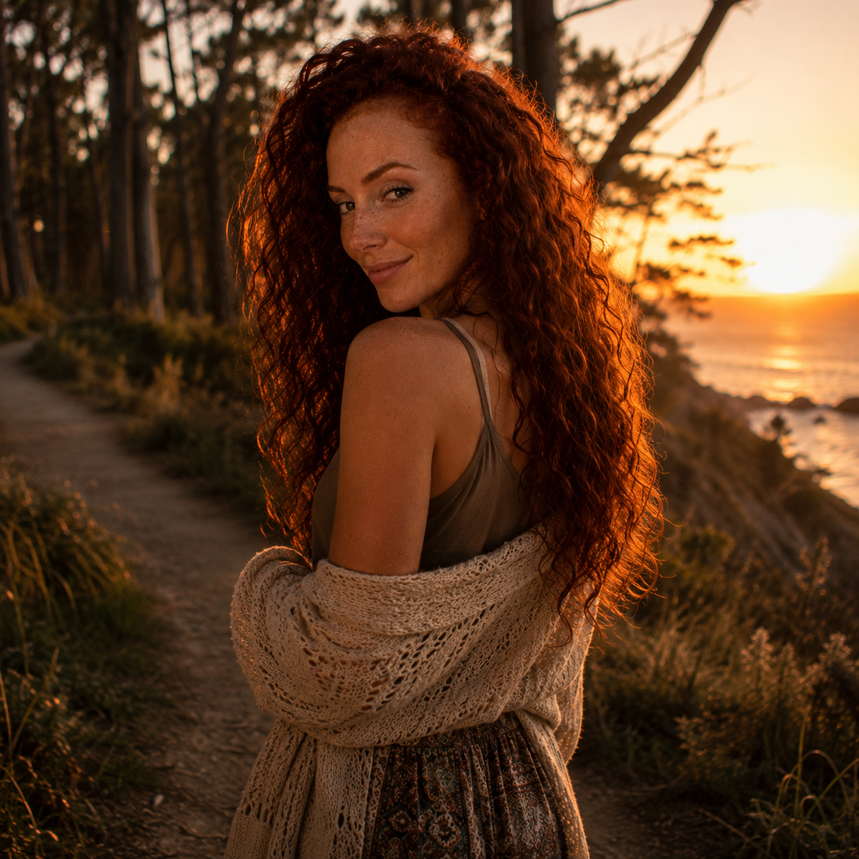 Angelica's avatar looking back over her shoulder on a coastal walk