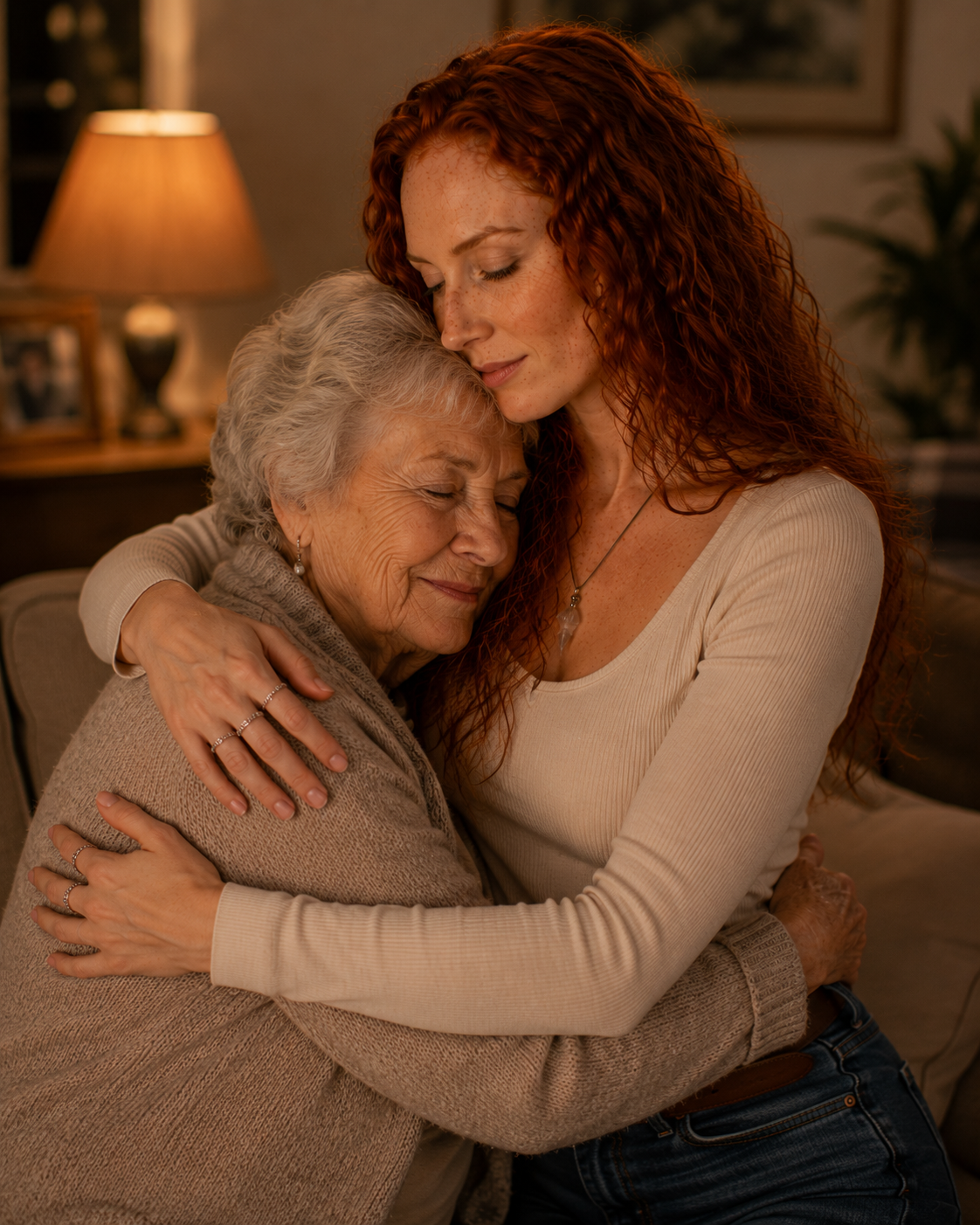 Angelica's avatar embracing an older woman in a warm, tender portrait